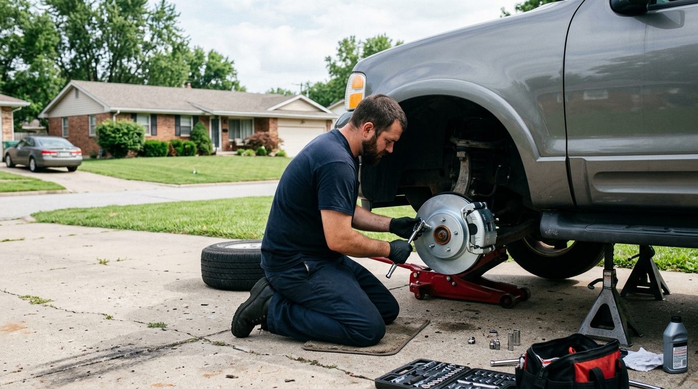 Master mechanic installing new brake rotor and caliper on-site in Springfield driveway
