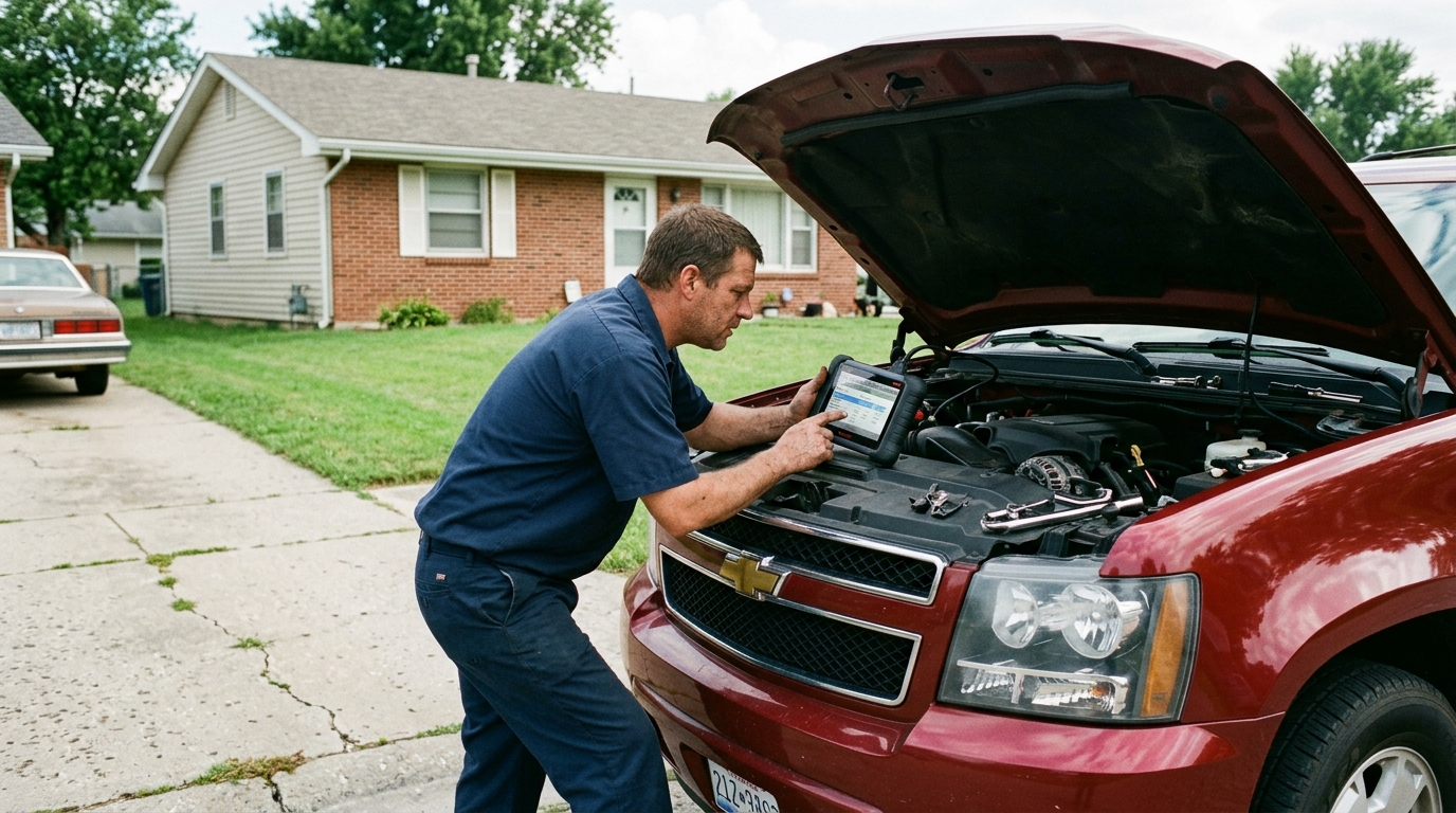Automotive technician using computerized diagnostic tablet scanner in Springfield driveway