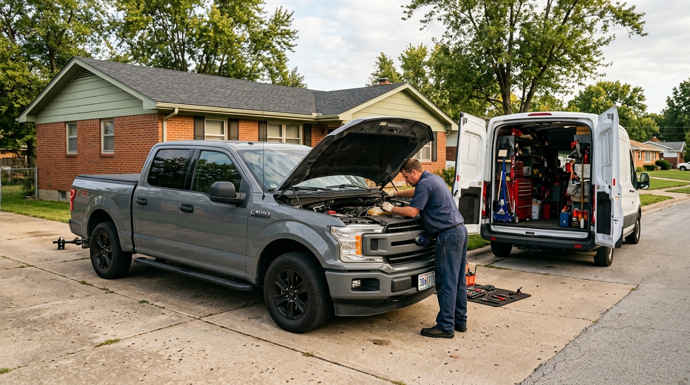 Mobile Mechanic Springfield on-site service van with master technician repairing Ford truck in driveway